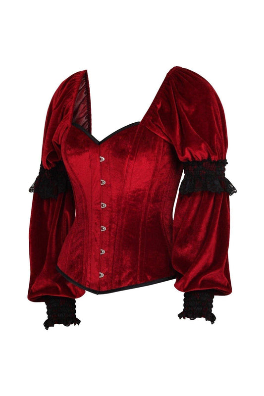 Daisy Corsets Top Drawer Dark Red Velvet Steel Boned Long Sleeve Corset - Daisy Corsets - Flyclothing LLC