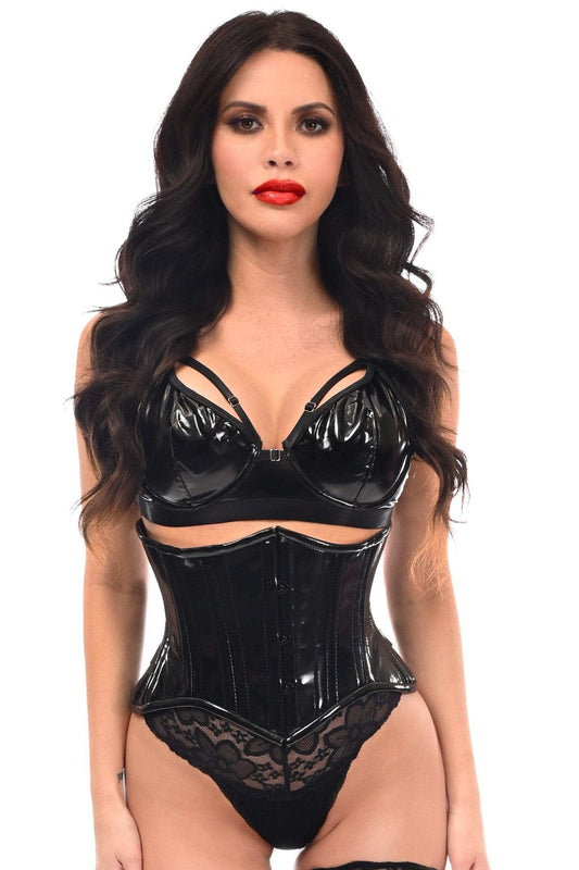 Daisy Corsets Top Drawer Black Patent PVC Vinyl Double Steel Boned Curvy Cut Waist Cincher - Daisy Corsets - Flyclothing LLC