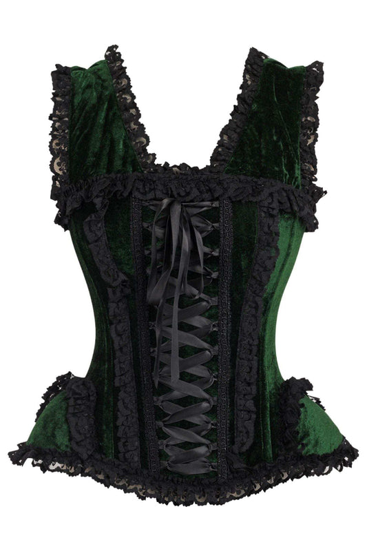 Daisy Corsets Top Drawer Dark Green Velvet & Lace Steel Boned Corset w/Cap Sleeves - Daisy Corsets - Flyclothing LLC