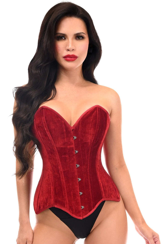 Daisy Corsets Top Drawer Dark Red Velvet Steel Boned Overbust Corset - Daisy Corsets - Flyclothing LLC