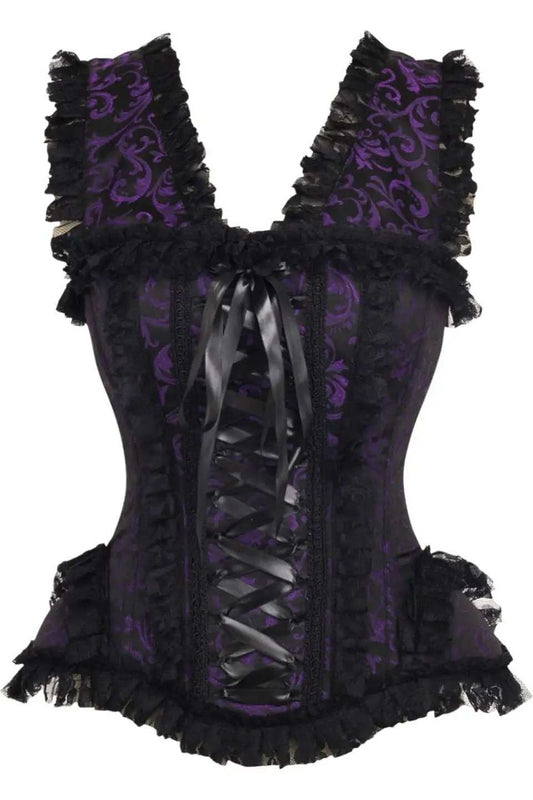 Daisy Corsets Top Drawer Purple/Black Swirl Brocade & Lace Steel Boned Corset w/Cap Sleeves - Daisy Corsets - Flyclothing LLC