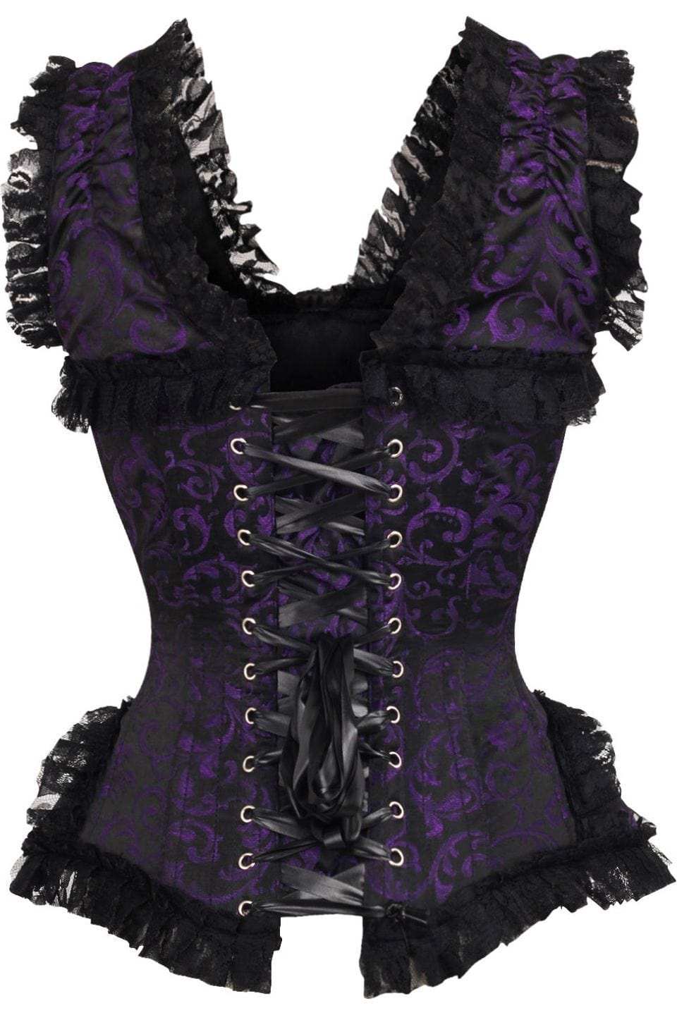 Daisy Corsets Top Drawer Purple/Black Swirl Brocade & Lace Steel Boned Corset w/Cap Sleeves - Daisy Corsets - Flyclothing LLC