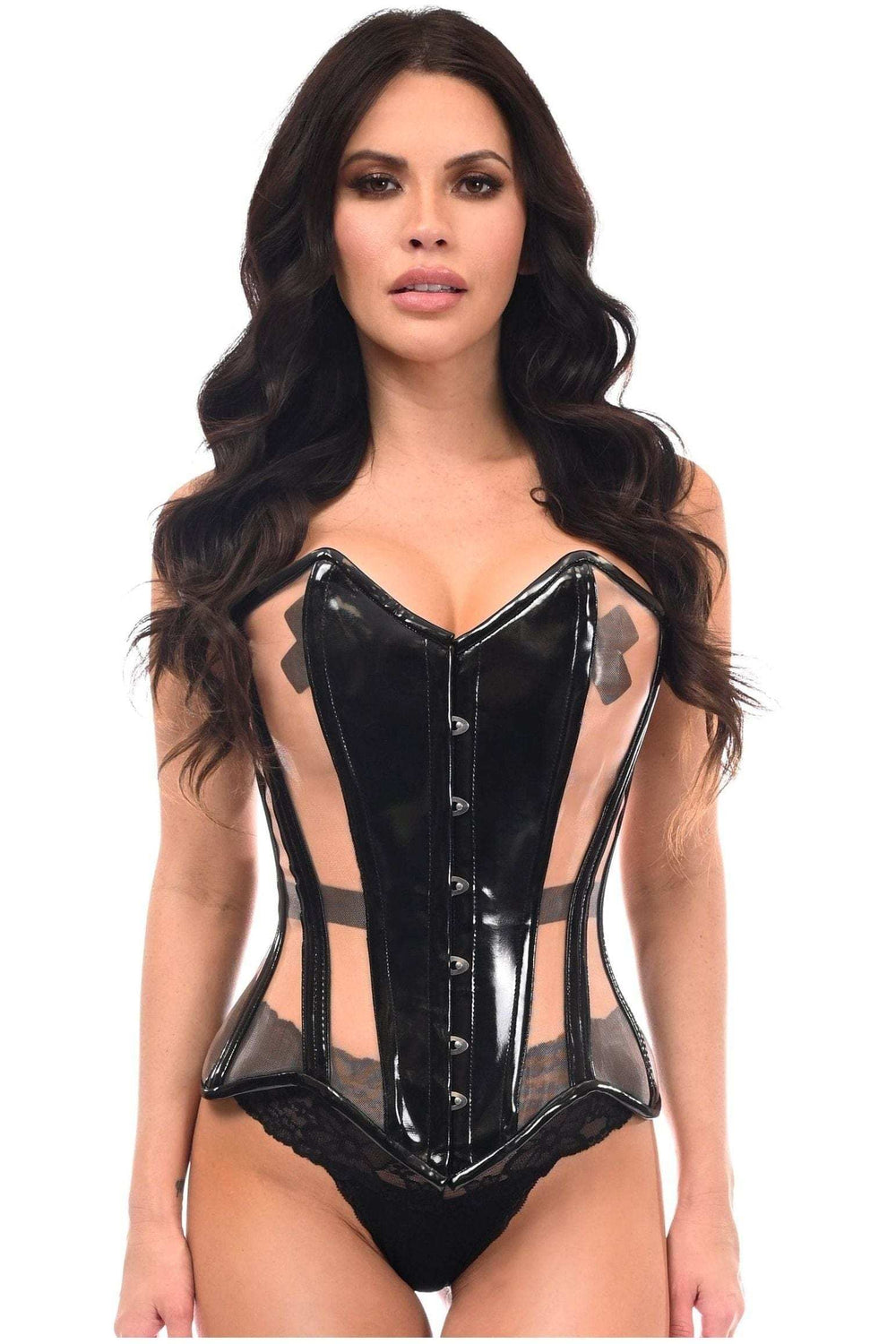 Daisy Corsets Top Drawer Black Patent & Nude Mesh Steel Boned Overbust Corset - Daisy Corsets - Flyclothing LLC