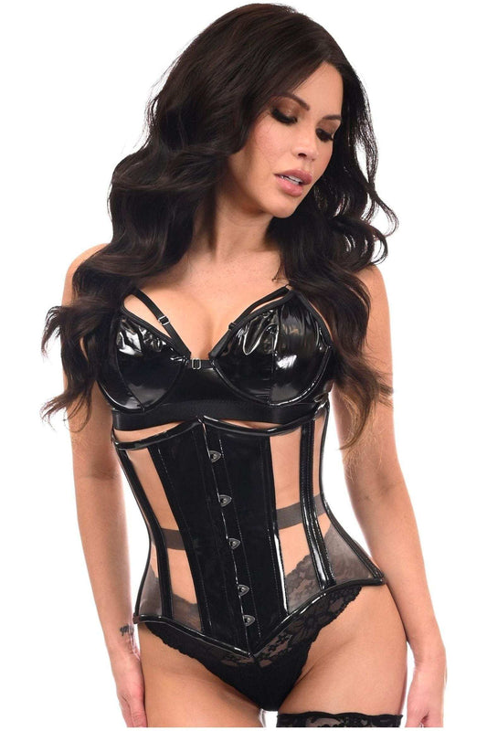Daisy Corsets Top Drawer Black Patent & Nude Mesh Steel Boned Under Bust Corset - Daisy Corsets - Flyclothing LLC