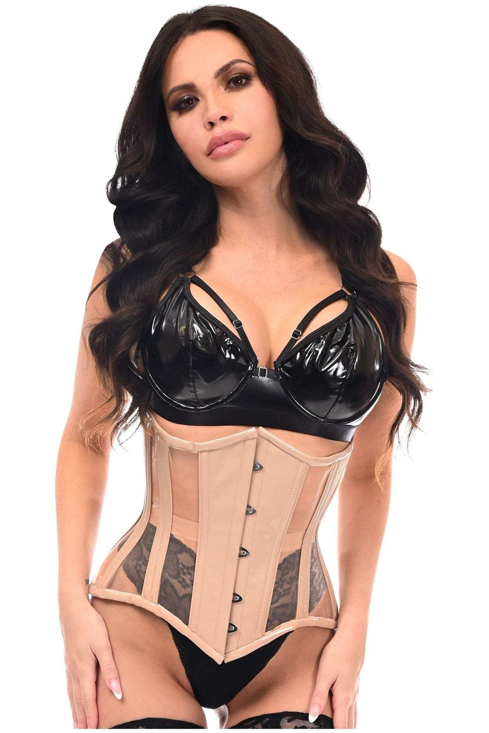 Daisy Corsets Top Drawer Nude Patent & Mesh Steel Boned Under Bust Corset - Daisy Corsets - Flyclothing LLC