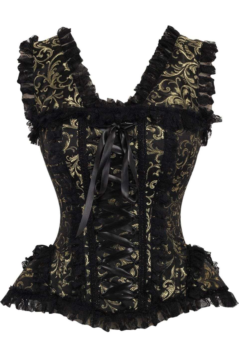 Daisy Corsets Top Drawer Gold/Black Swirl Brocade & Lace Steel Boned Corset w/Cap Sleeves - Daisy Corsets - Flyclothing LLC