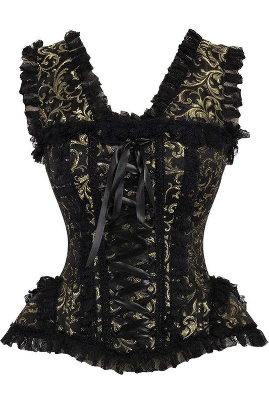 Daisy Corsets Top Drawer Gold/Black Swirl Brocade & Lace Steel Boned Corset w/Cap Sleeves - Daisy Corsets - Flyclothing LLC