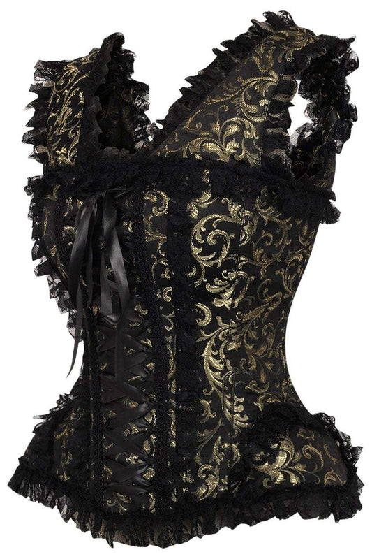 Daisy Corsets Top Drawer Gold/Black Swirl Brocade & Lace Steel Boned Corset w/Cap Sleeves - Daisy Corsets - Flyclothing LLC