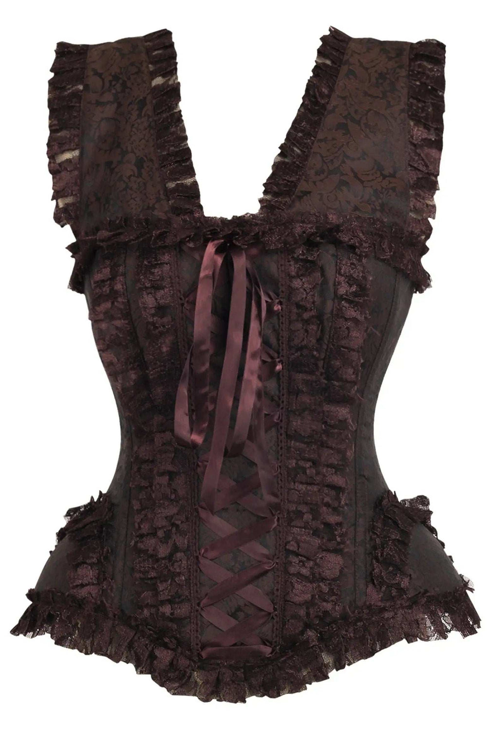 Daisy Corsets Top Drawer Brown Swirl Brocade & Lace Steel Boned Corset w/Cap Sleeves - Daisy Corsets - Flyclothing LLC