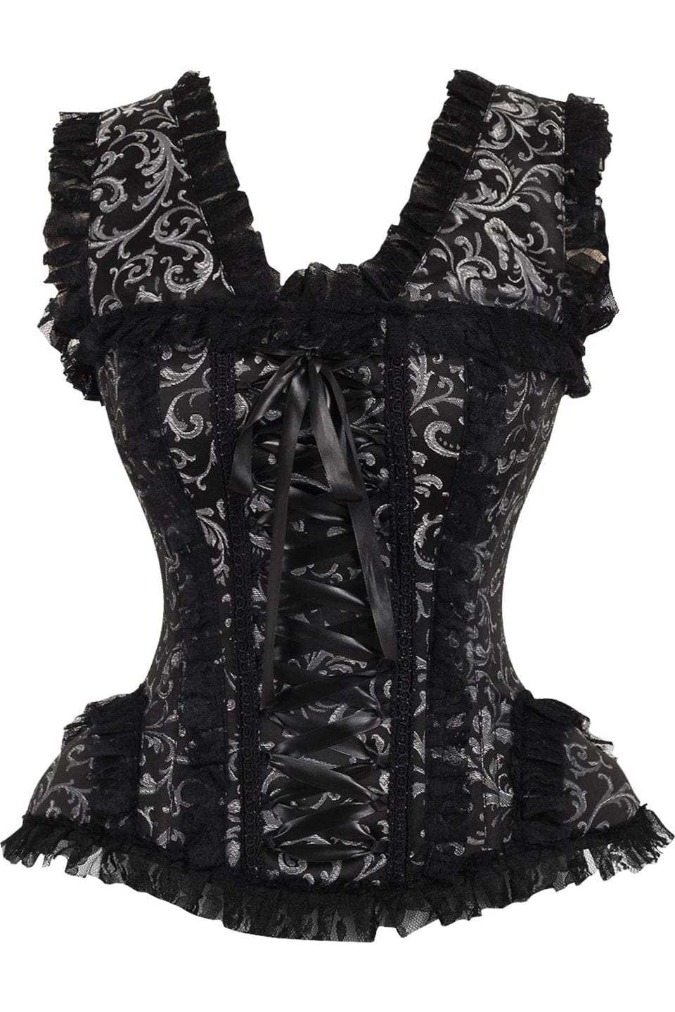 Daisy Corsets Top Drawer Silver/Black Swirl Brocade & Lace Steel Boned Corset w/Cap Sleeves - Daisy Corsets - Flyclothing LLC