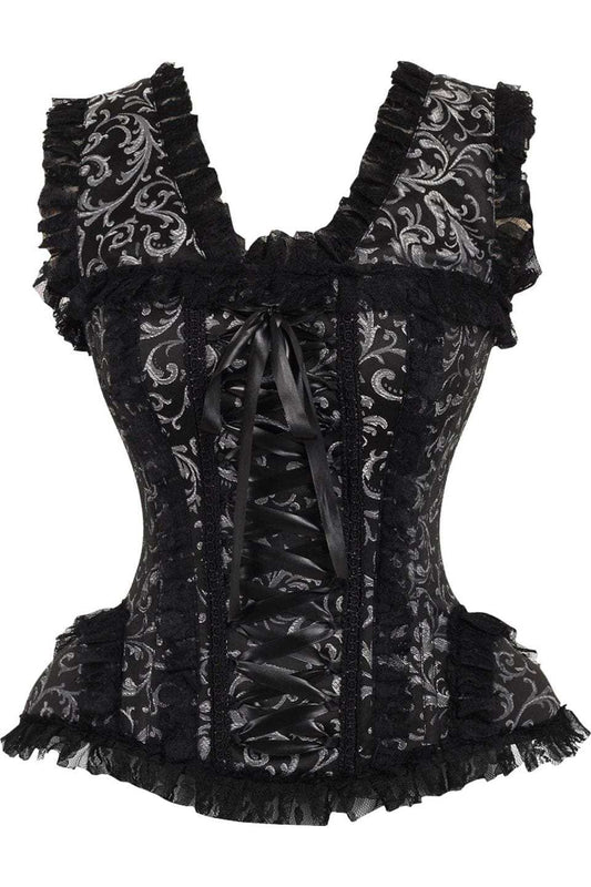 Daisy Corsets Top Drawer Silver/Black Swirl Brocade & Lace Steel Boned Corset w/Cap Sleeves - Daisy Corsets - Flyclothing LLC
