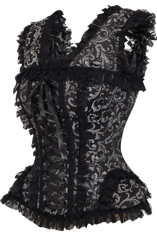 Daisy Corsets Top Drawer Silver/Black Swirl Brocade & Lace Steel Boned Corset w/Cap Sleeves - Daisy Corsets - Flyclothing LLC