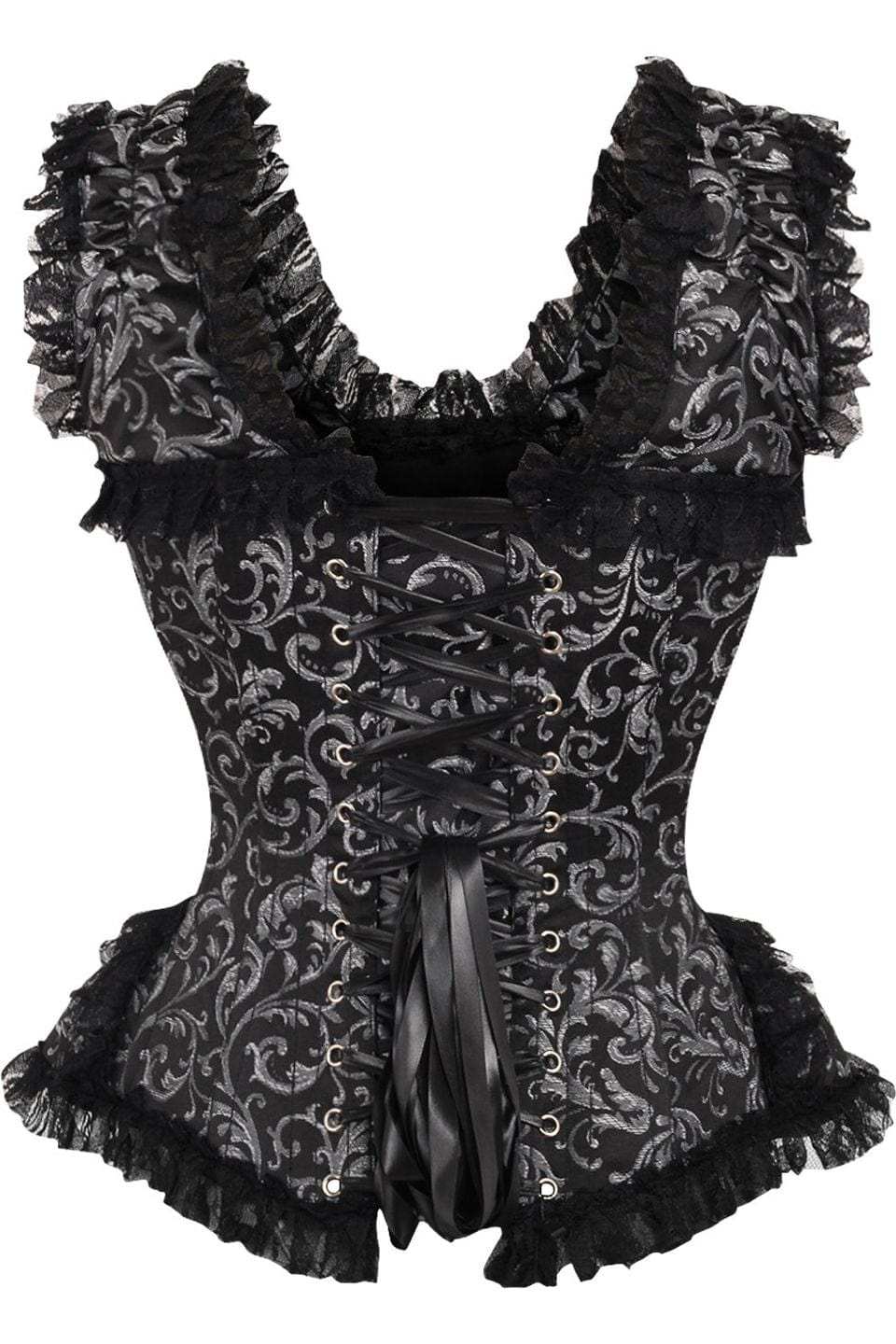 Daisy Corsets Top Drawer Silver/Black Swirl Brocade & Lace Steel Boned Corset w/Cap Sleeves - Daisy Corsets - Flyclothing LLC