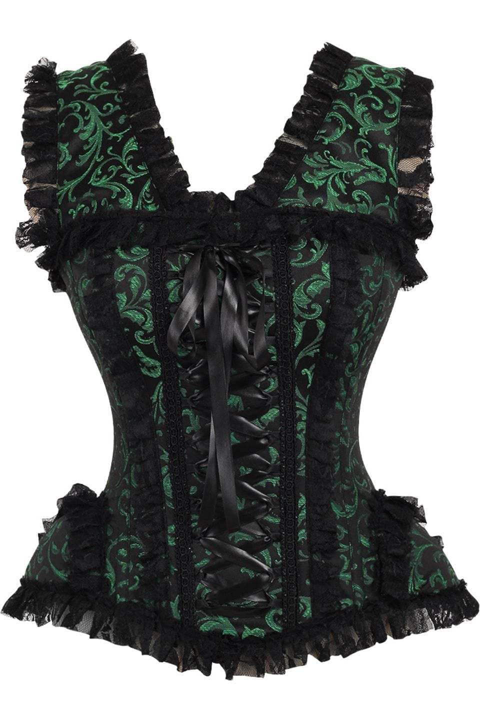 Daisy Corsets Top Drawer Green/Black Swirl Brocade & Lace Steel Boned Corset w/Cap Sleeves - Daisy Corsets - Flyclothing LLC