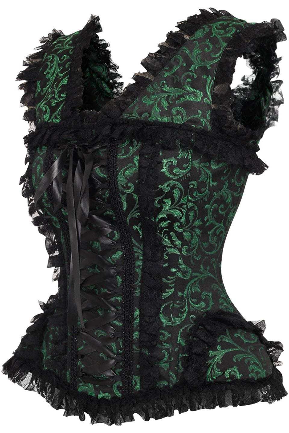 Daisy Corsets Top Drawer Green/Black Swirl Brocade & Lace Steel Boned Corset w/Cap Sleeves - Daisy Corsets - Flyclothing LLC