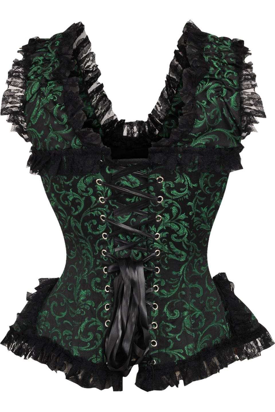 Daisy Corsets Top Drawer Green/Black Swirl Brocade & Lace Steel Boned Corset w/Cap Sleeves - Daisy Corsets - Flyclothing LLC