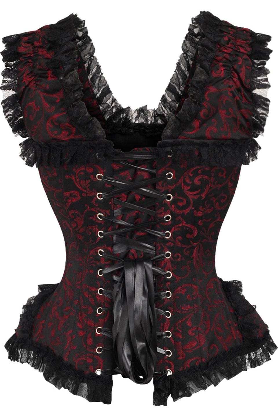 Daisy Corsets Top Drawer Red/Black Swirl Brocade & Lace Steel Boned Corset w/Cap Sleeves - Daisy Corsets - Flyclothing LLC