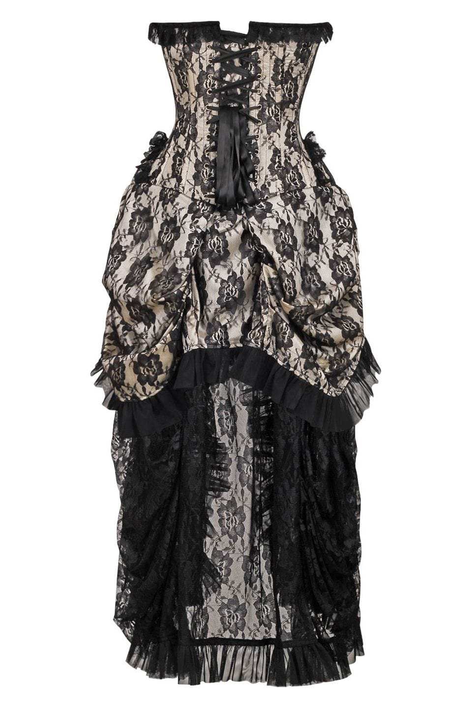 Daisy Corsets Top Drawer Steel Boned Cream w/Black Lace Bustle Corset Dress - Daisy Corsets - Flyclothing LLC