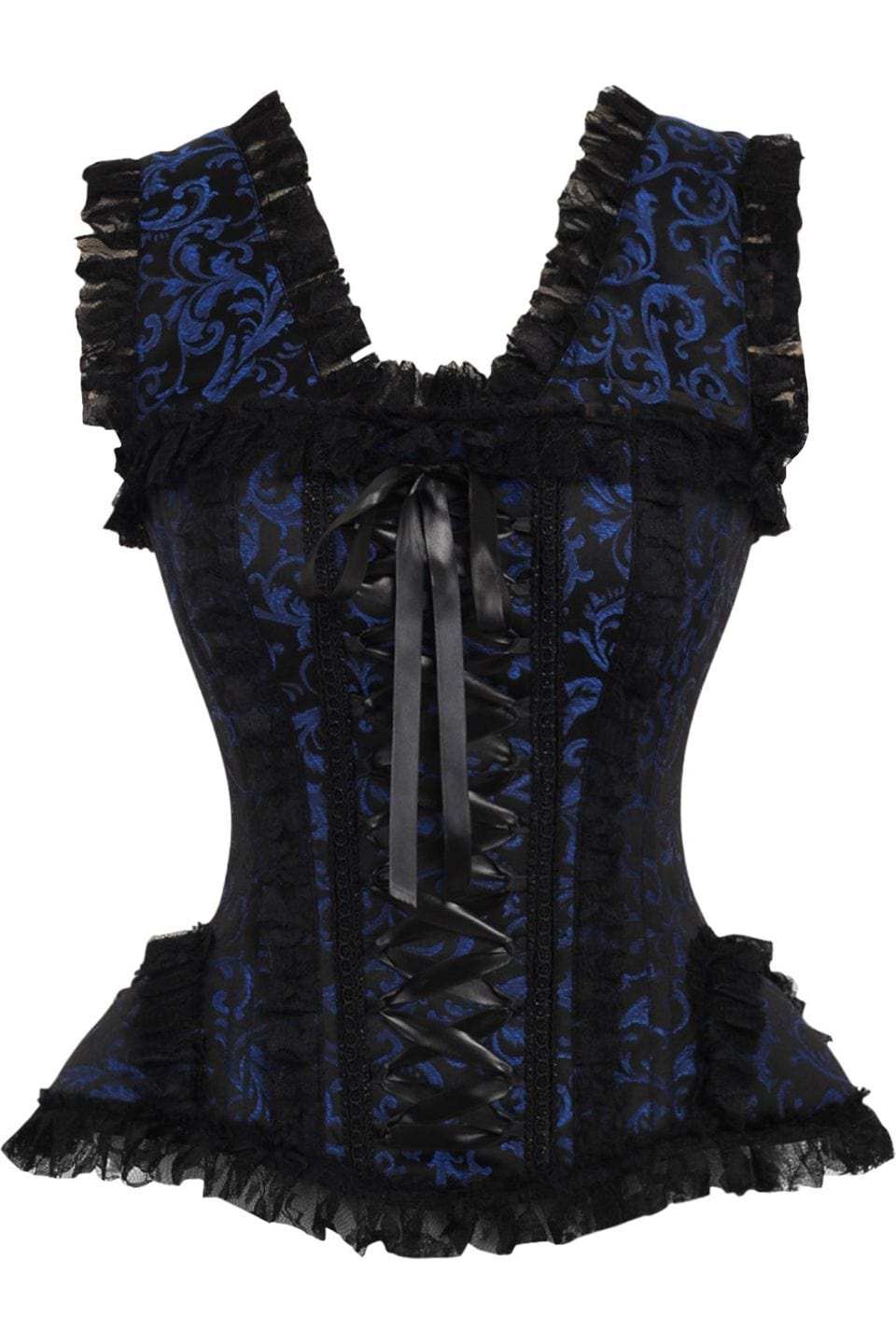 Daisy Corsets Top Drawer Blue/Black Swirl Brocade & Lace Steel Boned Corset w/Cap Sleeves - Daisy Corsets - Flyclothing LLC