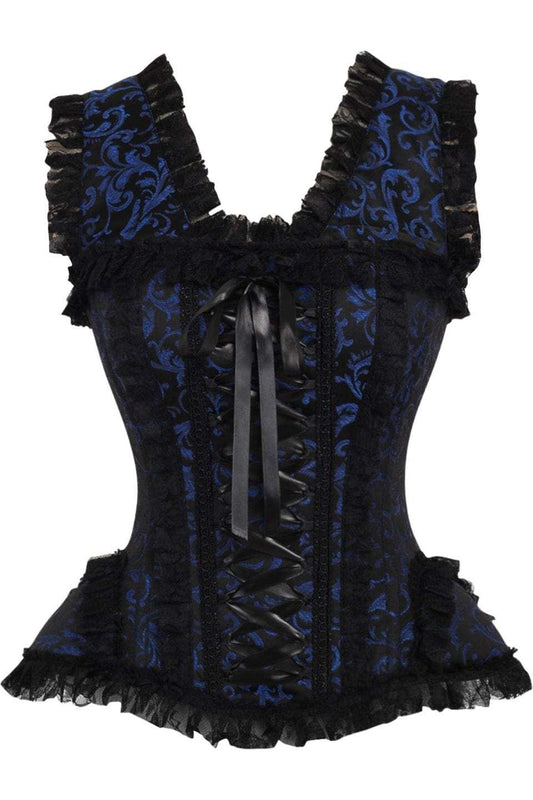 Daisy Corsets Top Drawer Blue/Black Swirl Brocade & Lace Steel Boned Corset w/Cap Sleeves - Daisy Corsets - Flyclothing LLC