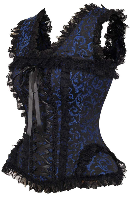 Daisy Corsets Top Drawer Blue/Black Swirl Brocade & Lace Steel Boned Corset w/Cap Sleeves - Daisy Corsets - Flyclothing LLC