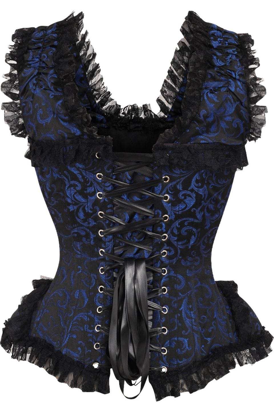 Daisy Corsets Top Drawer Blue/Black Swirl Brocade & Lace Steel Boned Corset w/Cap Sleeves - Daisy Corsets - Flyclothing LLC