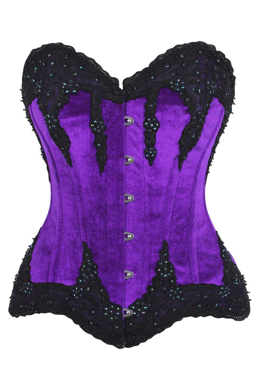 Daisy Corsets Top Drawer Purple Velvet & Beaded Steel Boned Overbust Corset - Daisy Corsets - Flyclothing LLC