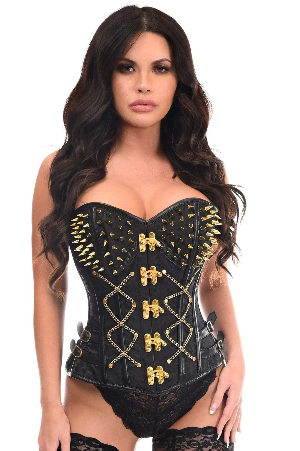 Daisy Corsets Top Drawer Black Brocade & Gold Spikes Steel Boned Corset - Daisy Corsets - Flyclothing LLC