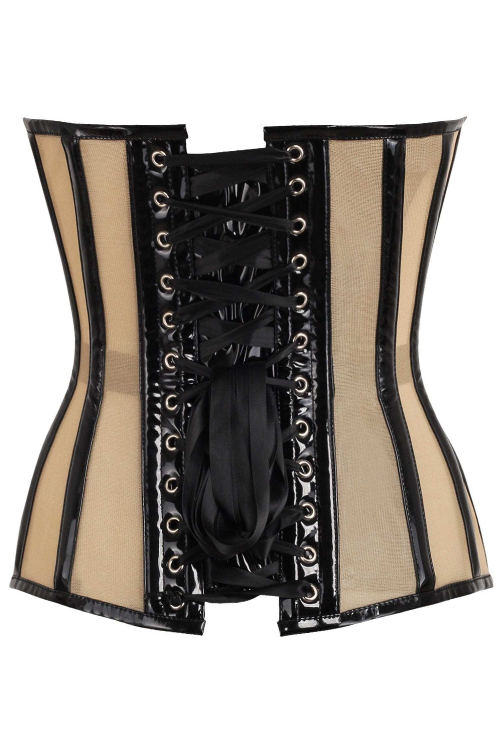 Daisy Corsets Top Drawer Nude Mesh & Black Patent Steel Boned Corset - Daisy Corsets - Flyclothing LLC