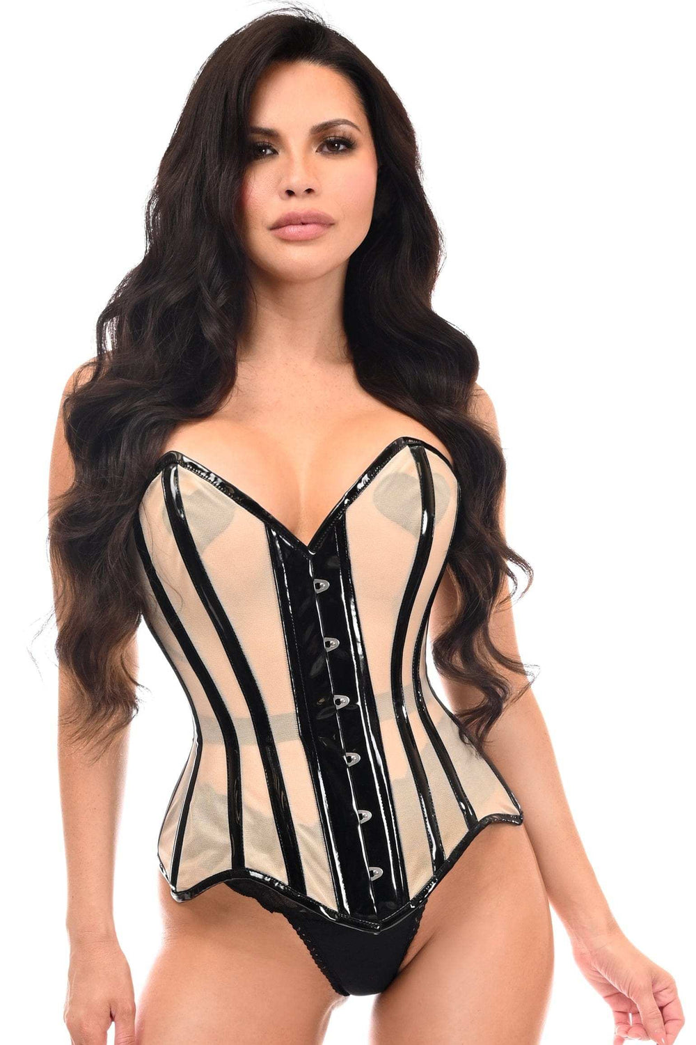 Daisy Corsets Top Drawer Nude Mesh & Black Patent Steel Boned Corset - Daisy Corsets - Flyclothing LLC
