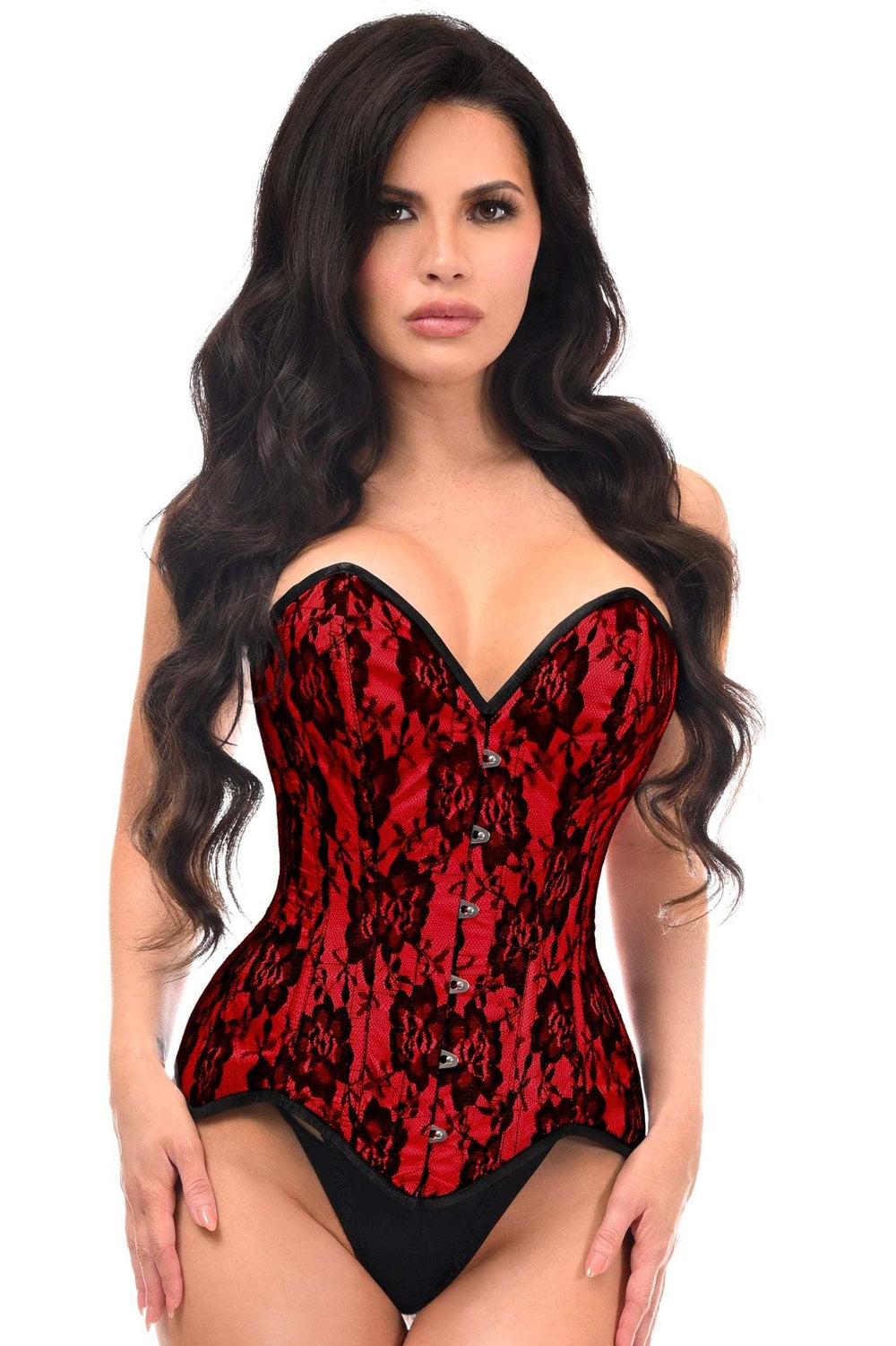 Daisy Corsets Top Drawer Red Satin w/Black Lace Overlay Steel Boned Overbust Corset - Daisy Corsets - Flyclothing LLC