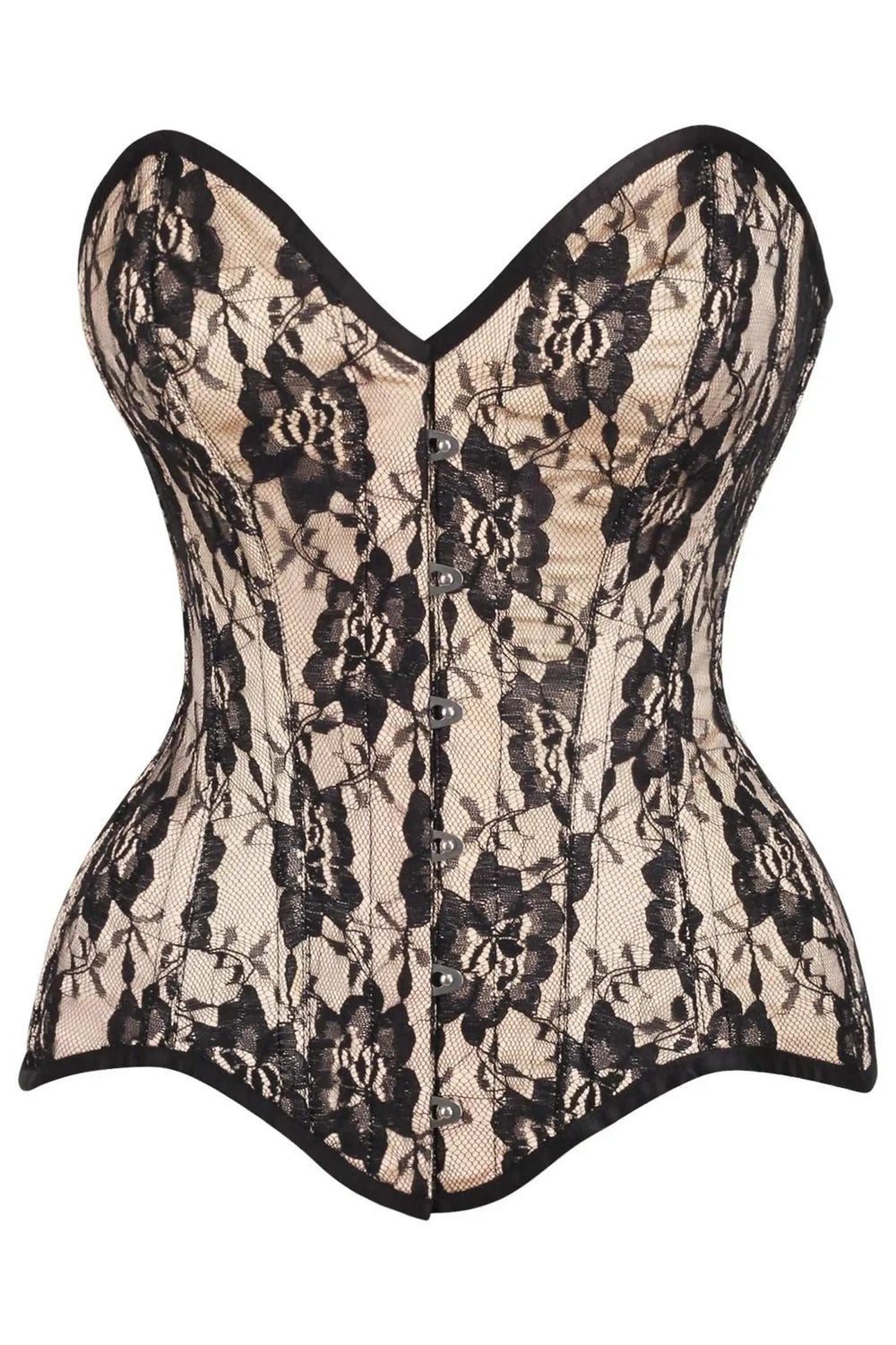 Daisy Corsets Top Drawer Nude Satin w/Black Lace Overlay Steel Boned Overbust Corset - Daisy Corsets - Flyclothing LLC