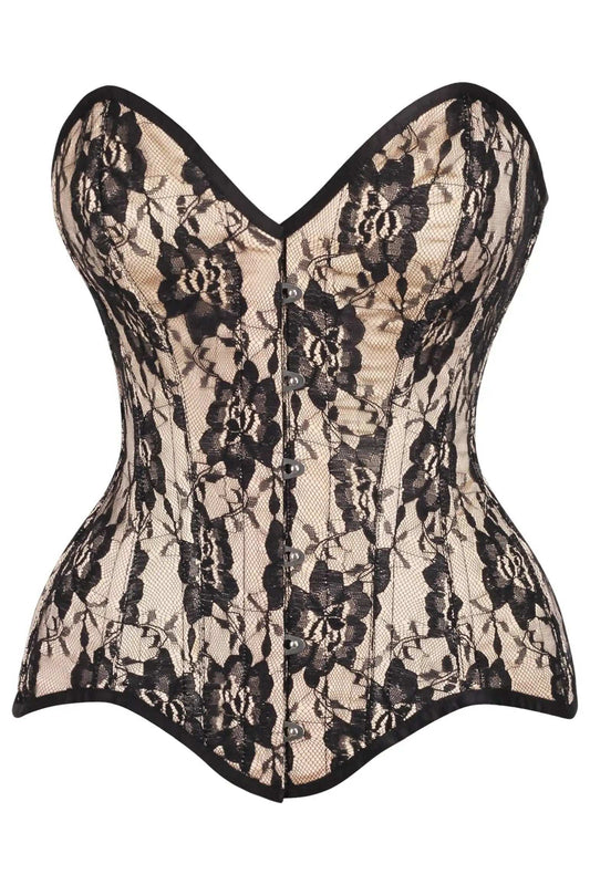 Daisy Corsets Top Drawer Nude Satin w/Black Lace Overlay Steel Boned Overbust Corset - Daisy Corsets - Flyclothing LLC