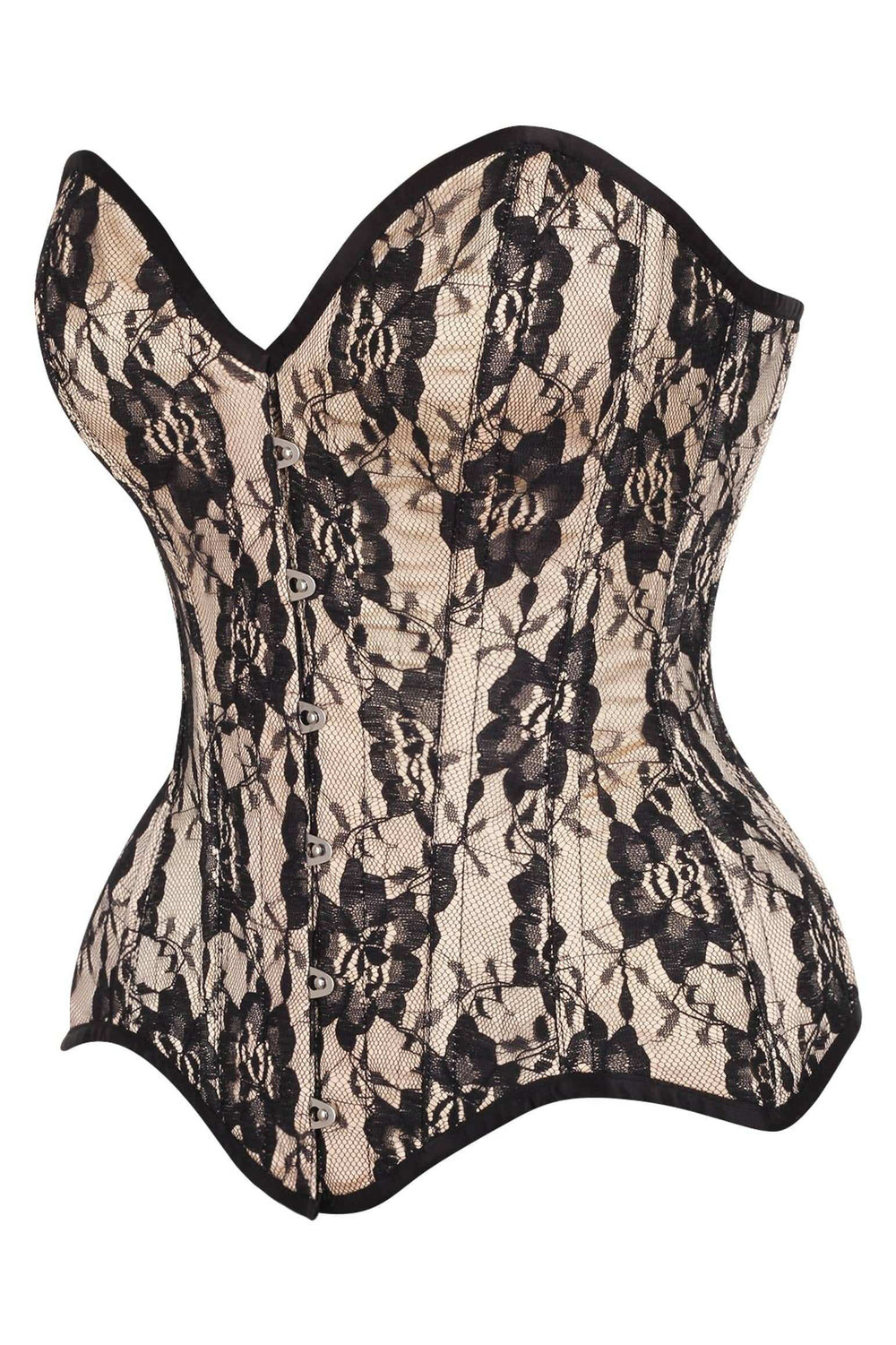 Daisy Corsets Top Drawer Nude Satin w/Black Lace Overlay Steel Boned Overbust Corset - Daisy Corsets - Flyclothing LLC