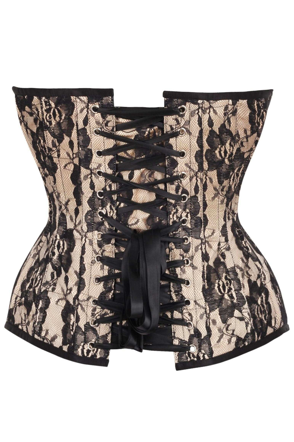 Daisy Corsets Top Drawer Nude Satin w/Black Lace Overlay Steel Boned Overbust Corset - Daisy Corsets - Flyclothing LLC