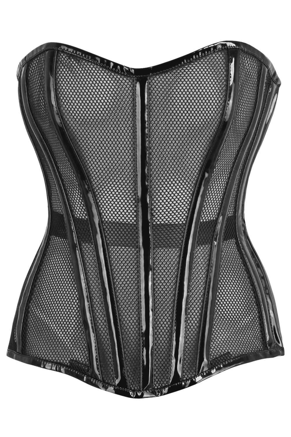 Daisy Corsets Top Drawer Black Fishnet w/Patent Steel Boned Overbust Corset - Daisy Corsets - Flyclothing LLC