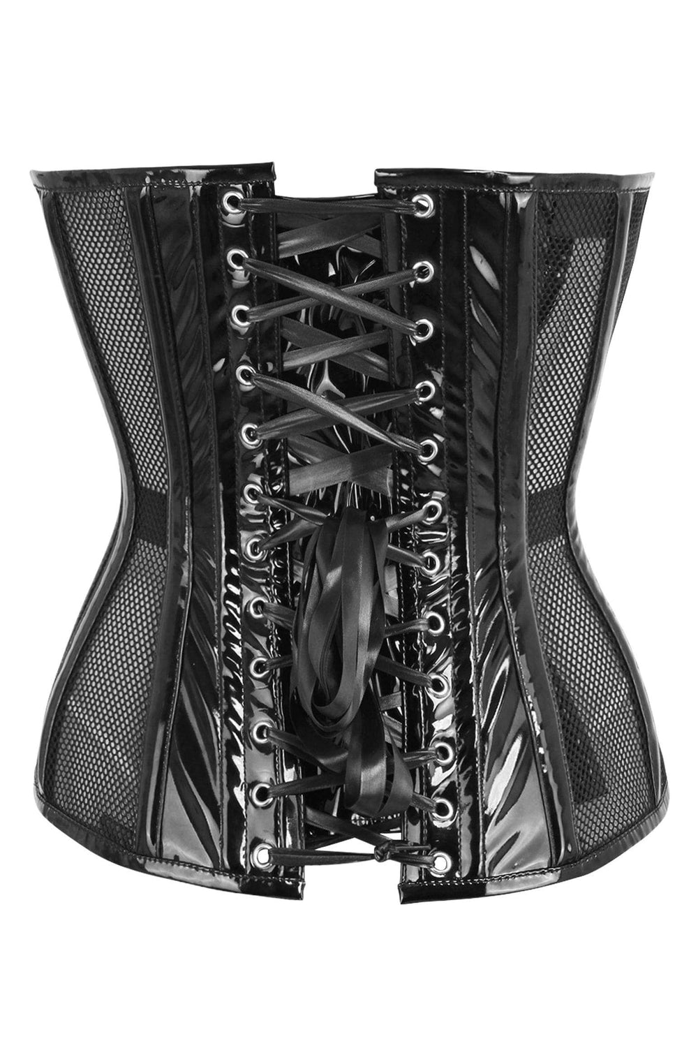 Daisy Corsets Top Drawer Black Fishnet w/Patent Steel Boned Overbust Corset - Daisy Corsets - Flyclothing LLC
