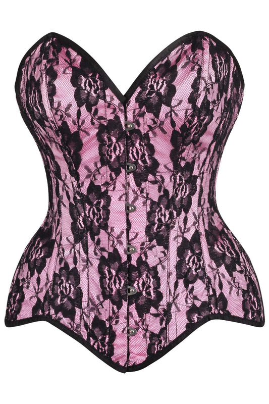 Daisy Corsets Top Drawer Pink Satin w/Black Lace Overlay Steel Boned Overbust Corset - Daisy Corsets - Flyclothing LLC