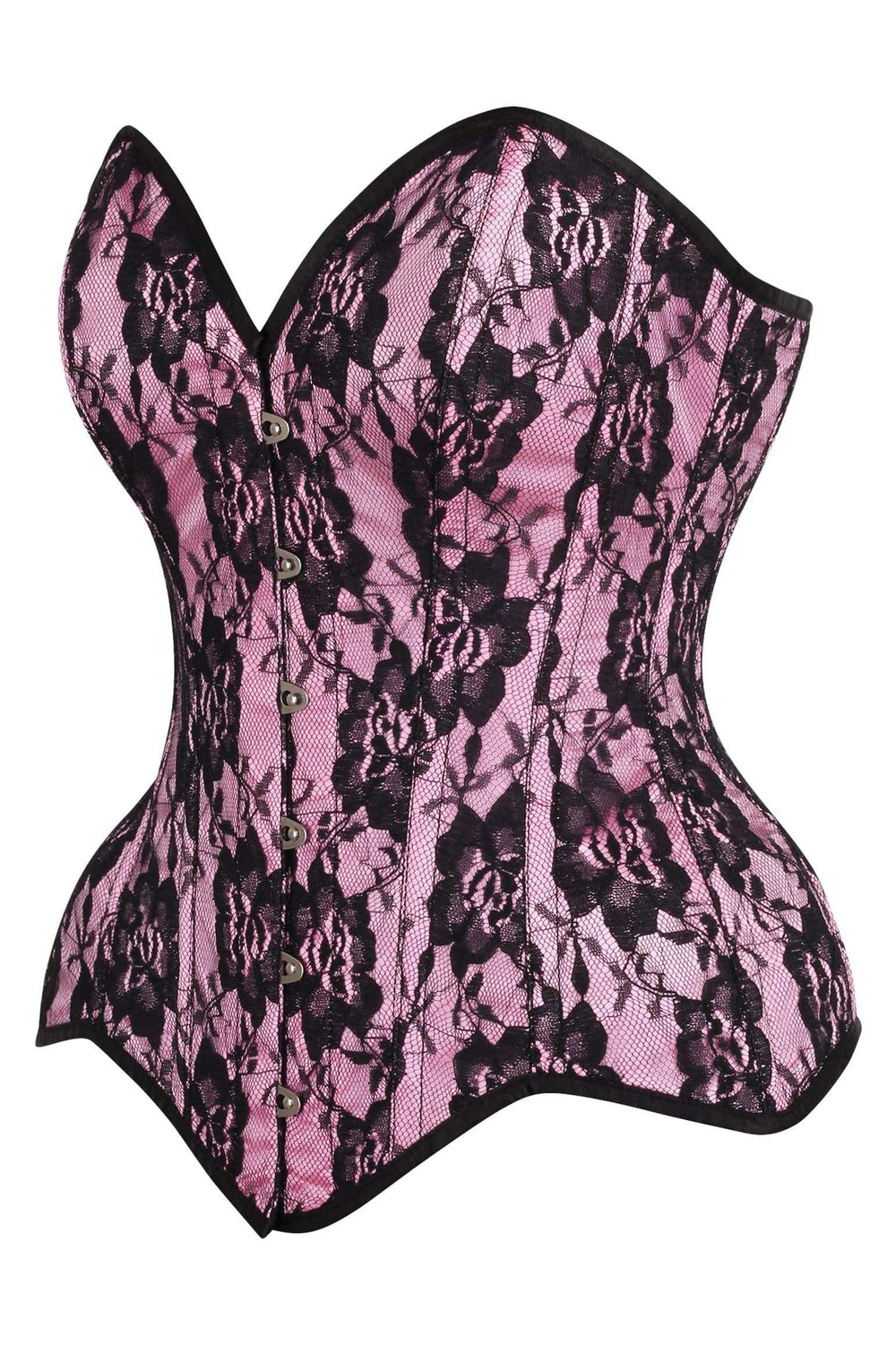 Daisy Corsets Top Drawer Pink Satin w/Black Lace Overlay Steel Boned Overbust Corset - Daisy Corsets - Flyclothing LLC