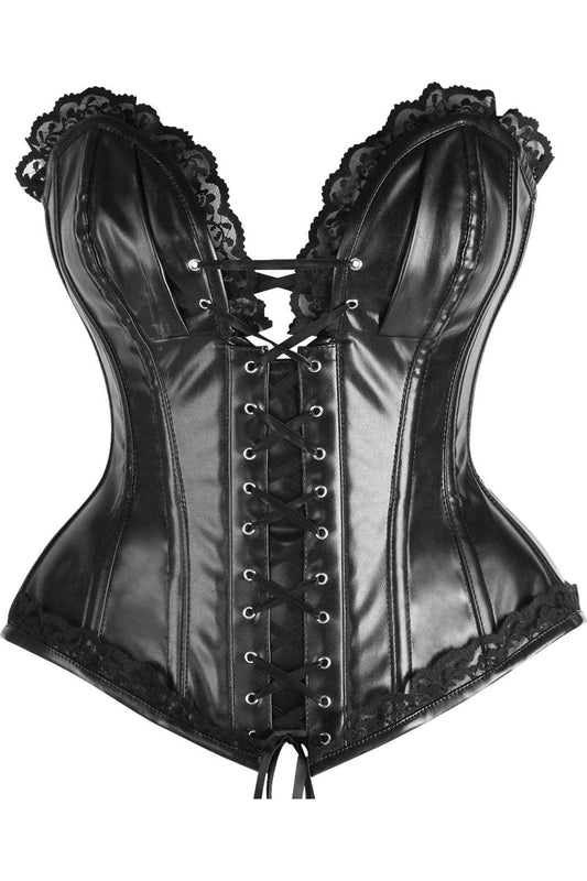 Daisy Corsets Top Drawer Black Faux Leather & Lace Trim Steel Boned Corset - Daisy Corsets - Flyclothing LLC