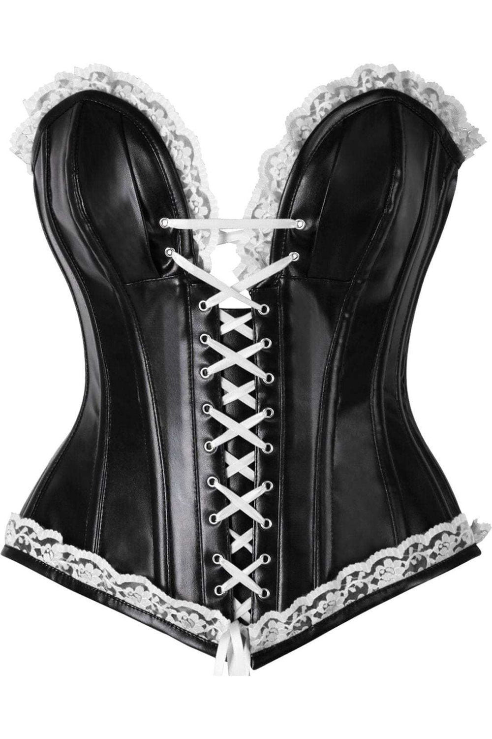 Daisy Corsets Top Drawer Black Faux Leather & White Lace Trim Steel Boned Corset - Daisy Corsets - Flyclothing LLC