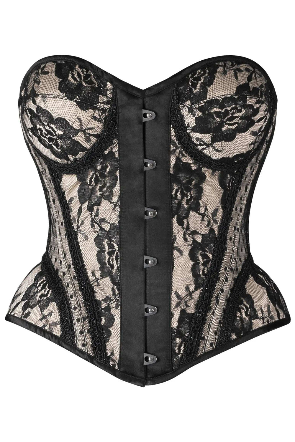 Daisy Corsets Top Drawer Nude w/Black Lace Steel Boned Underwire Bustier Corset - Daisy Corsets - Flyclothing LLC