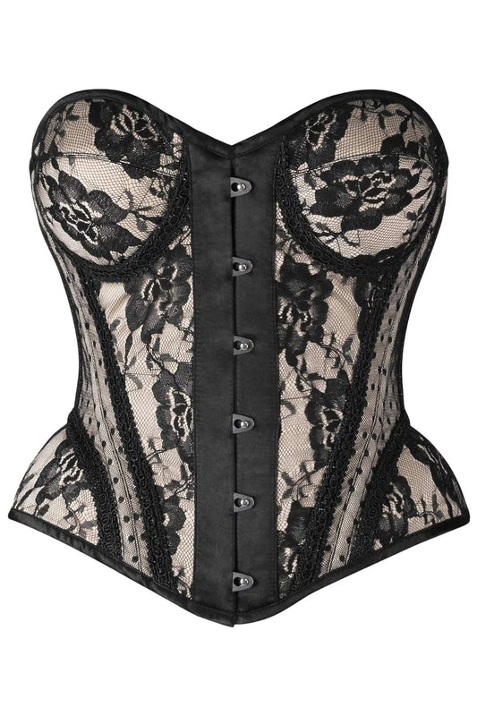 Daisy Corsets Top Drawer Nude w/Black Lace Steel Boned Underwire Bustier Corset - Daisy Corsets - Flyclothing LLC