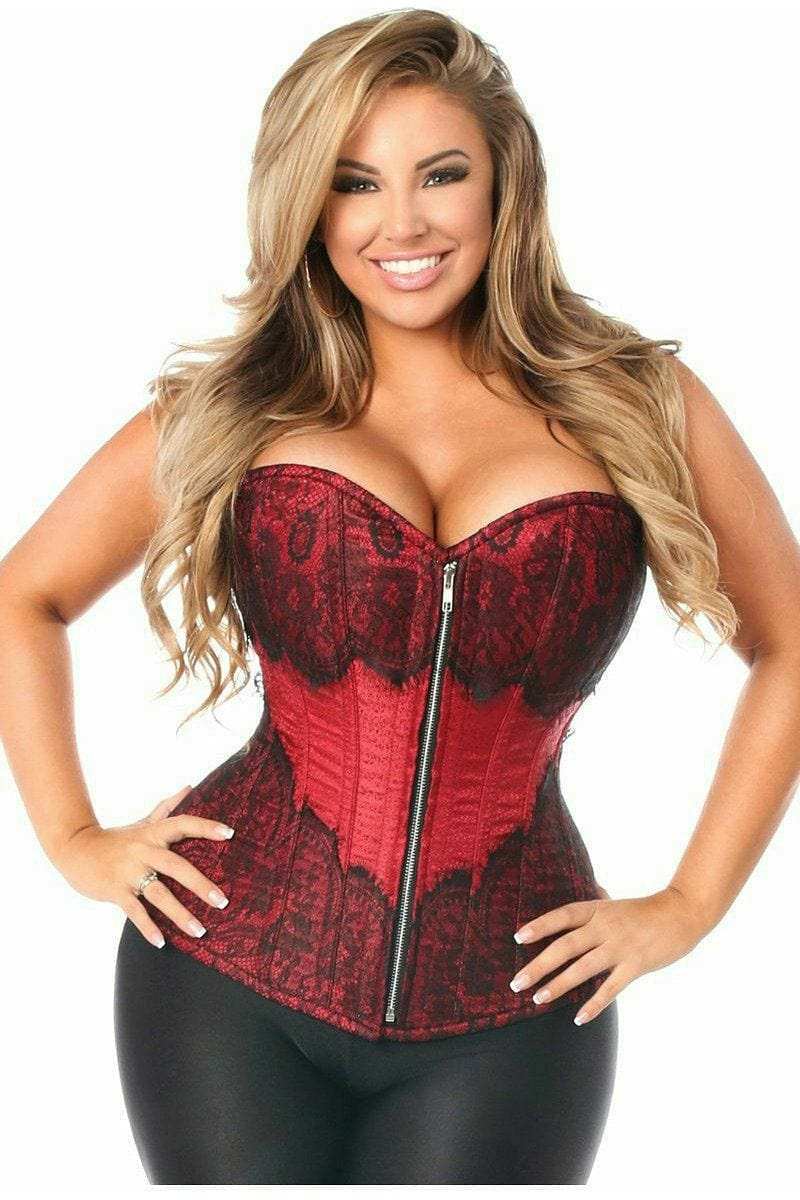 Daisy Corsets Top Drawer Wine Brocade Steel Boned Corset w/Black Eyelash Lace - Daisy Corsets - Flyclothing LLC