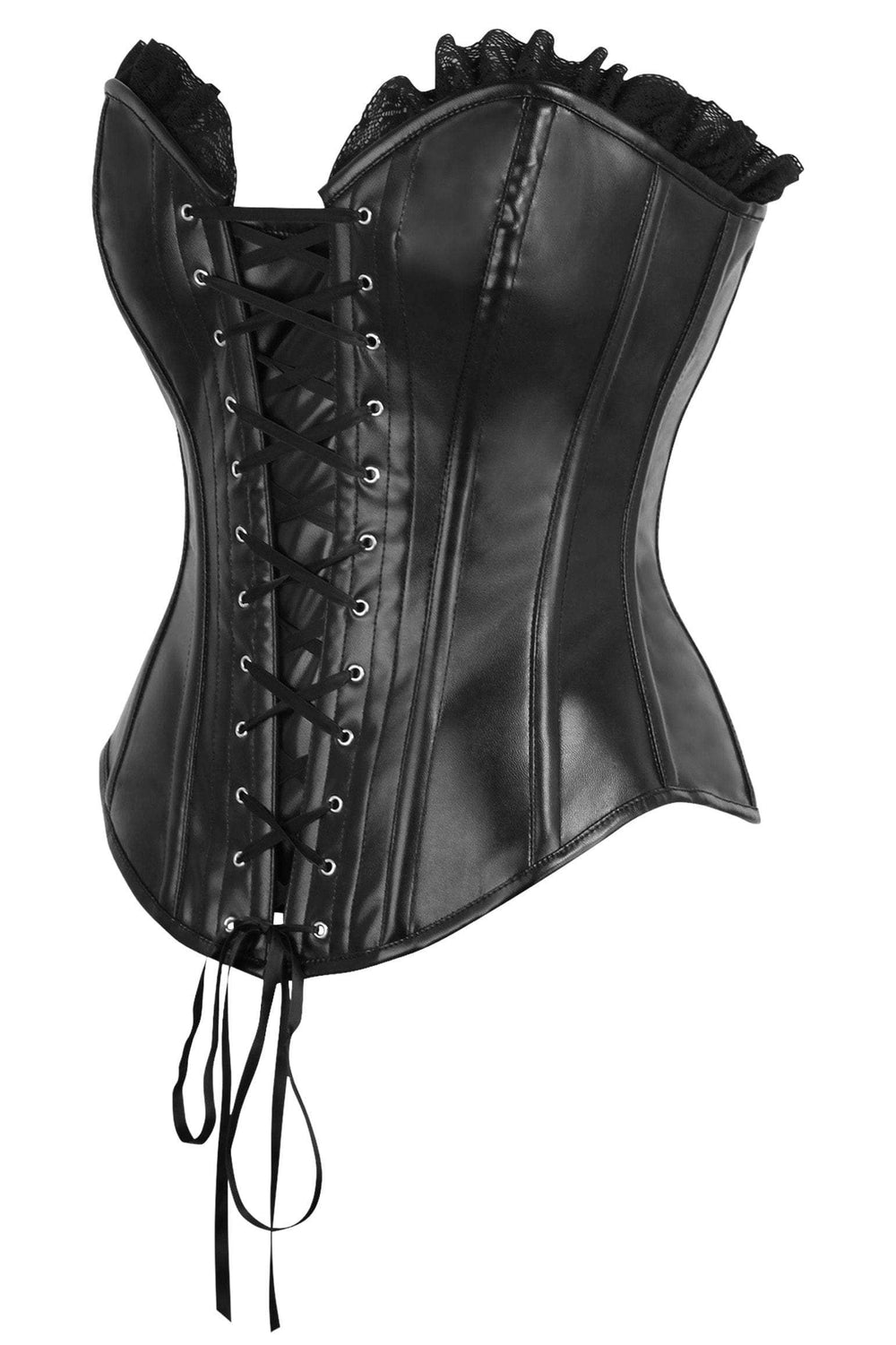 Daisy Corsets Top Drawer Black Faux Leather & Black Lace Trim Lace-Up Steel Boned Corset - Daisy Corsets - Flyclothing LLC