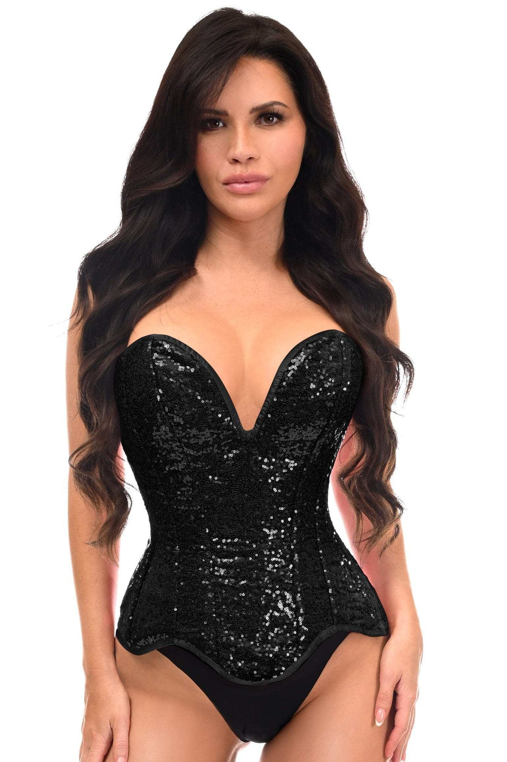 Daisy Corsets Top Drawer Steel Boned Black Sequin Plunge Neckline Overbust Corset - Daisy Corsets - Flyclothing LLC