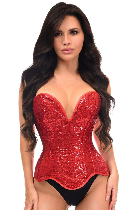 Daisy Corsets Top Drawer Steel Boned Red Sequin Plunge Neckline Overbust Corset - Daisy Corsets - Flyclothing LLC