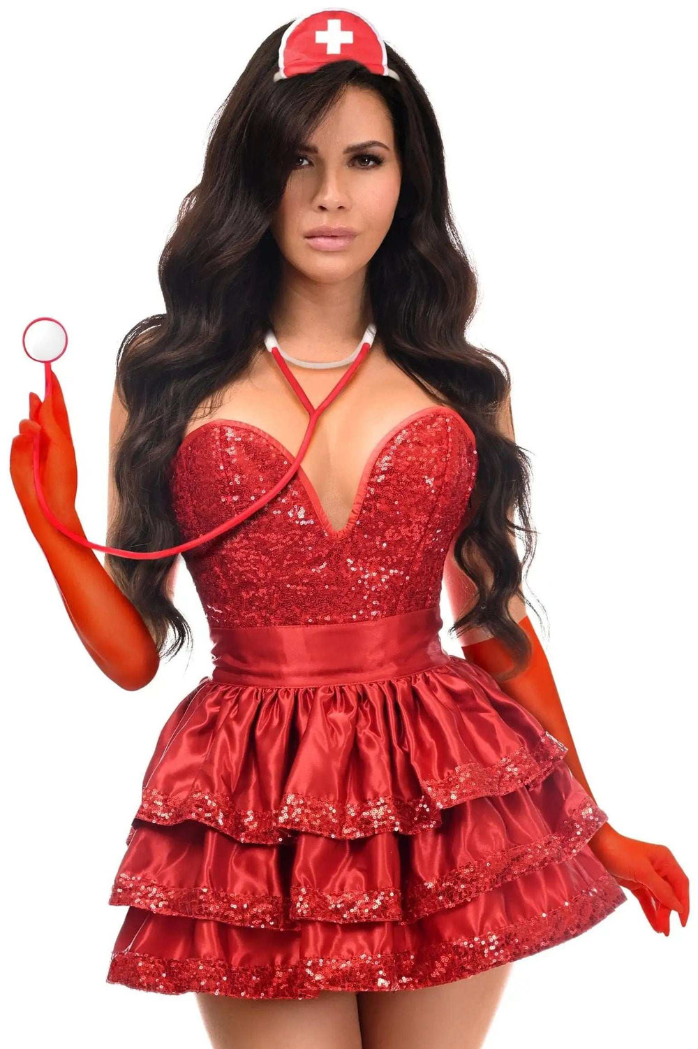 Daisy Corsets Top Drawer 5 PC Red Sequin Nurse Corset Costume - Daisy Corsets - Flyclothing LLC