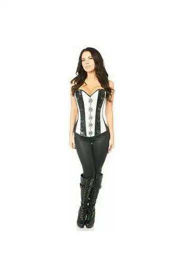 Daisy Corsets Top Drawer White Brocade & Faux Leather Steel Boned Corset - Daisy Corsets - Flyclothing LLC