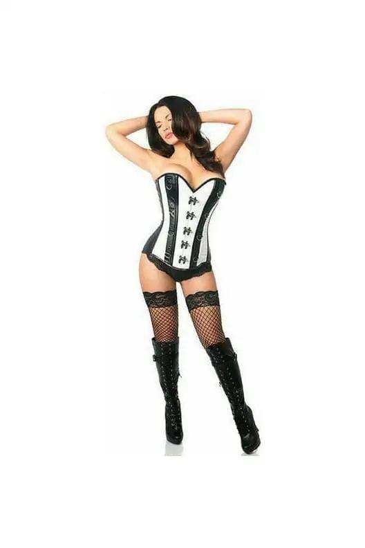 Daisy Corsets Top Drawer White Brocade & Faux Leather Steel Boned Corset - Daisy Corsets - Flyclothing LLC